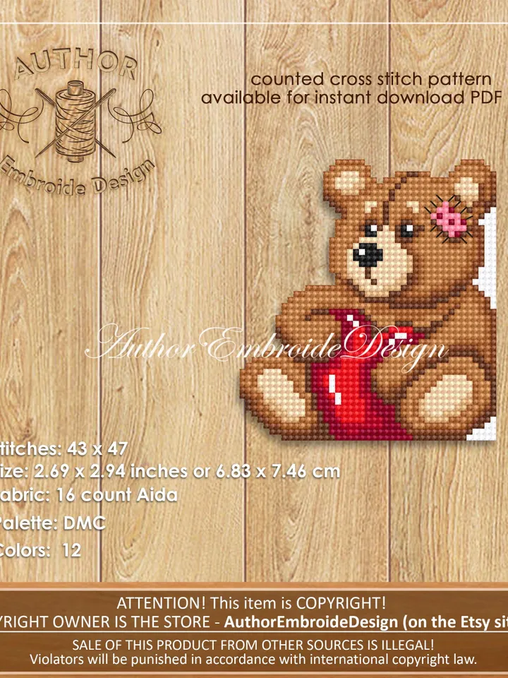 Valentines bear Corner bookmark cross stitch pattern PDF download Bear cross stitch chart Bookmark pattern digital PDF Book lover gift #B395