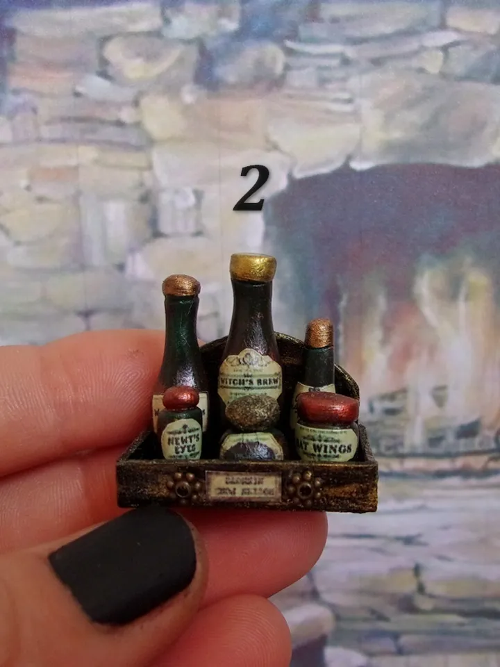A set of bottles in a box.Bottles with poisons. Dollhouse accessories.1:12 scale.