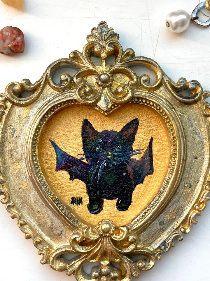 Bat Painting Small Framed Art Goth Painting Bat Gifts, Mini Gold Framed Decor, Cat Bat, Black Cat Art, Tiny Art Whimsigoth Decor