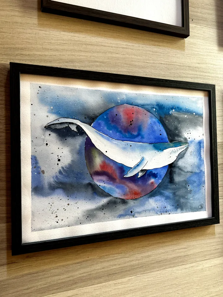Original watercolor drawing space whale