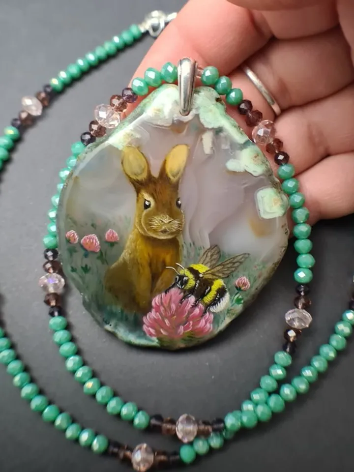 Necklace with rabbit, bumblebee Painting Agate stone Christmas Gift Wrapping