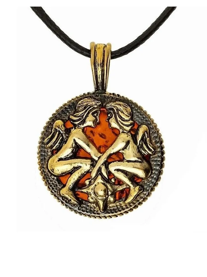 Twins Necklace Men and Women Zodiac Sign Amulet Pendant Round Locket Necklace Gold Black Brass Twins Amber jewelry Gemini gift for holiday birthday christmas jewelry