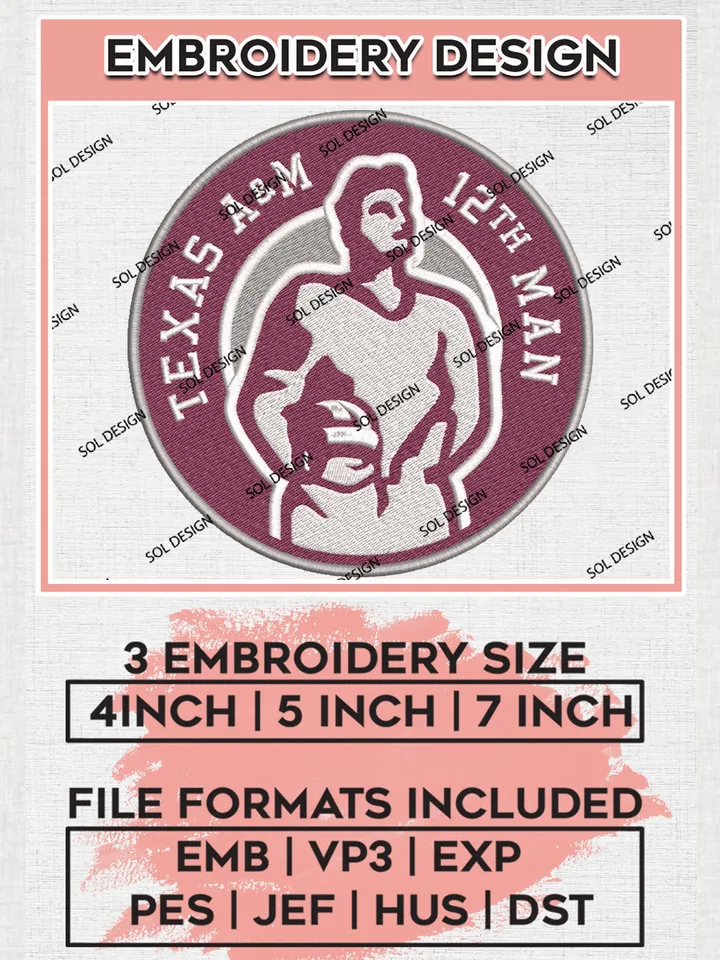 NCAA Texas A&M 12th Man Team Logo Embroidery Design Files, NCAA Texas A&M Aggies Machine Embroidery, NCAA Teams, 3 sizes, NCAA Machine embroidery designs, Digital Download