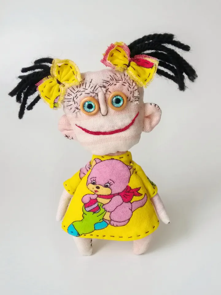 Artistic Handmade Dolls: Girl and Bear, Spooky Funny Fabric Interior Toys: One-of-a-Kind Unique Dolls, Weird and Ugly. FREE SHIPPING!