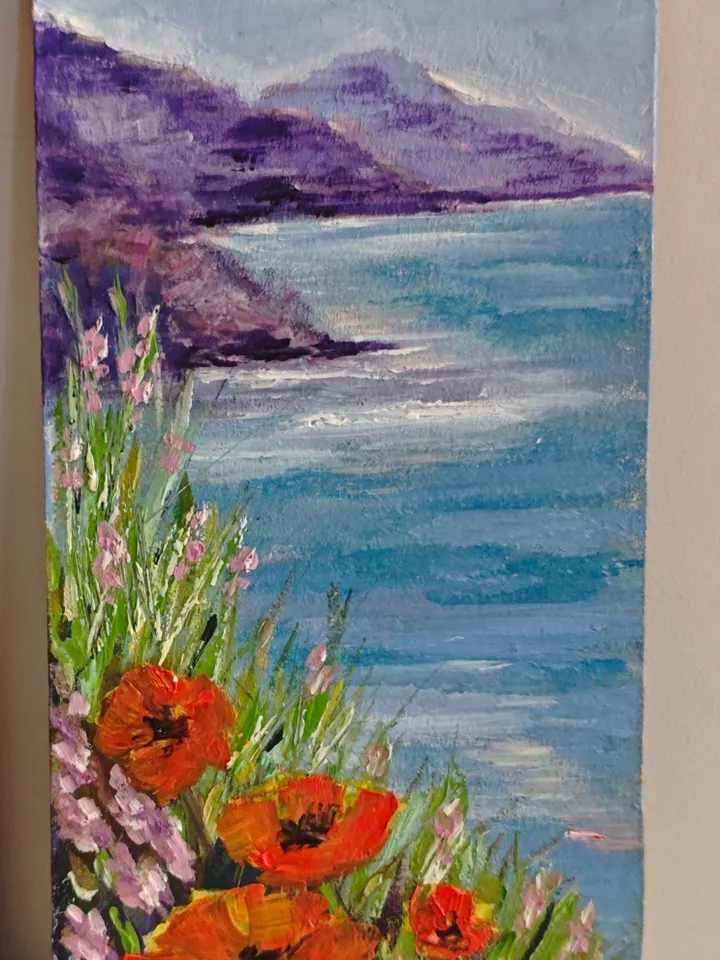 Seascape Original Painting Sea Mountains Original Art Seascape Red Flowers Wall Artwork Seacoast Painting Seaside Red Flowers Mountains Decor 4x8 inches by OlgaSokolovaArt