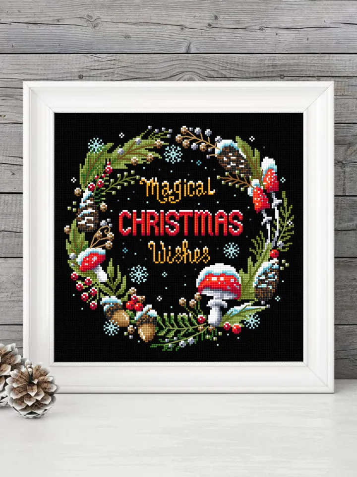 Christmas wreath cross stitch pattern download PDF Magic mushroom cross stitch chart, Holiday embroidery, Christmas pattern digital PDF #N66