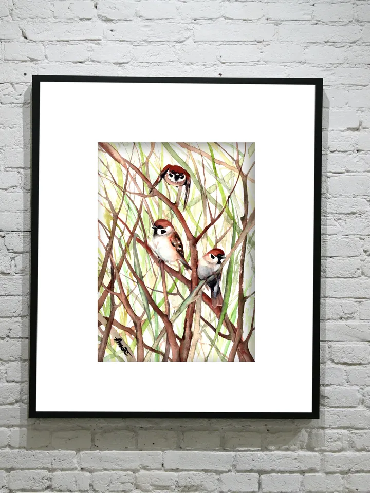 Sparrows Bird Watercolour, bird painting, room decor, wall decor, birds lover gift, 8x11 in handmade art by Anne Gorywine