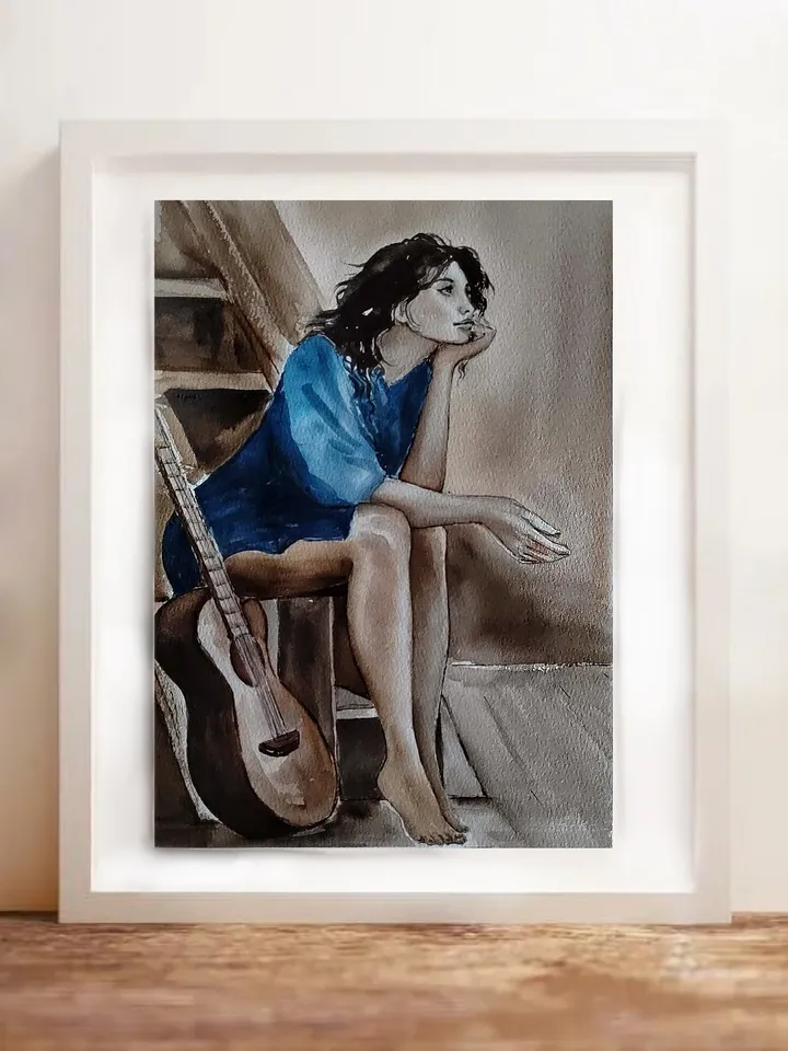 Girl with Guitar Artwork Original Watercolor Painting 8.27x 11.42 in by Art Café