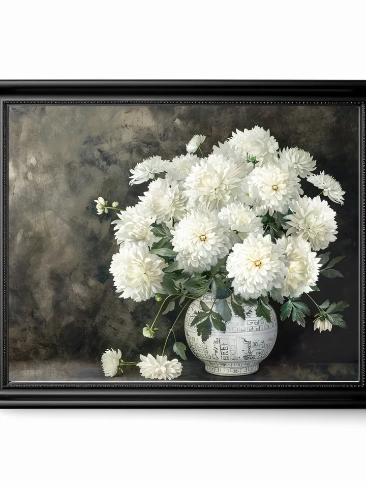 Bouquet of white chrysanthemum in a vase watercolor drawing, digital illustration, digital painting , wall art decoration. AI