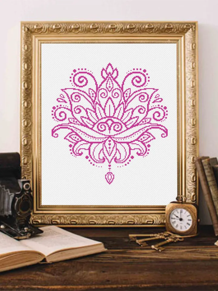 Flower lotus mandala cross stitch pattern download PDF, Floral ornament cross stitch chart, Monochrome mandala pattern, DIY Home decor #M25