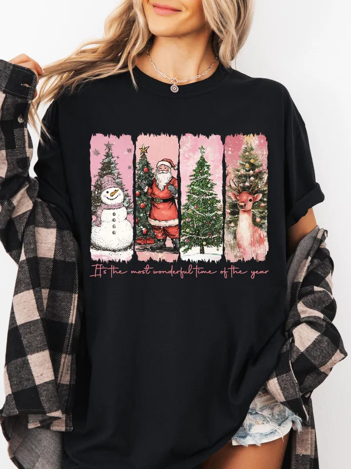 Pink It's the most wonderful time of the year png, Santa Claus png, Vintage Christmas png, Christmas Coquette bow png, Reindeer snowman png
