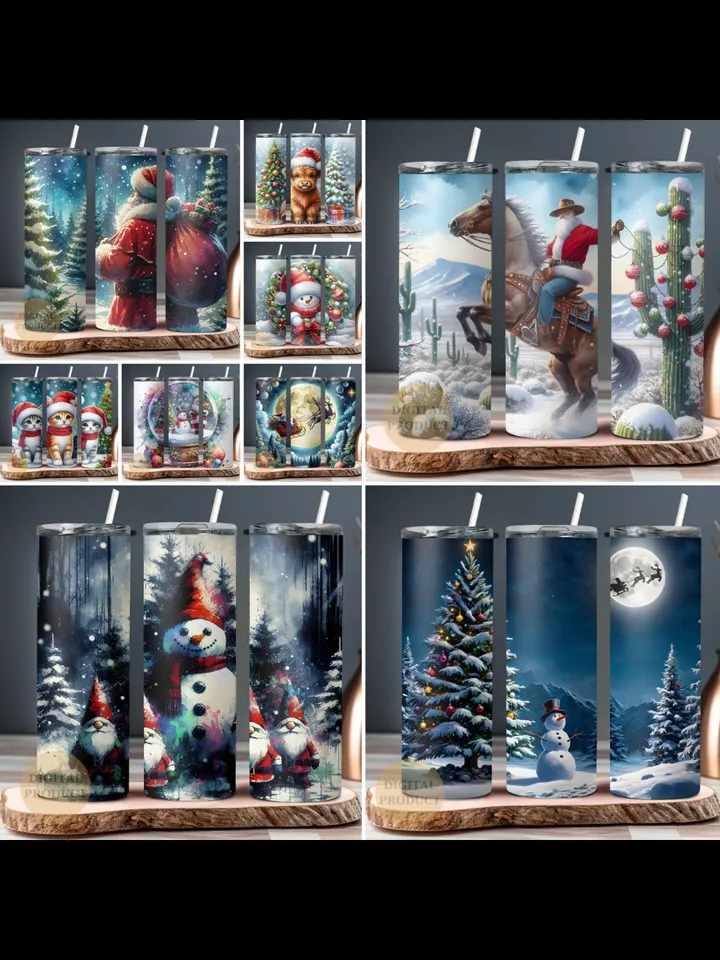 10 Christmas 20 Oz Tumbler Wrap png Bundle, Christmas Sublimation Designs for Tumblers, Santa with Sleigh, Christmas Gnomes with Santa Cat
