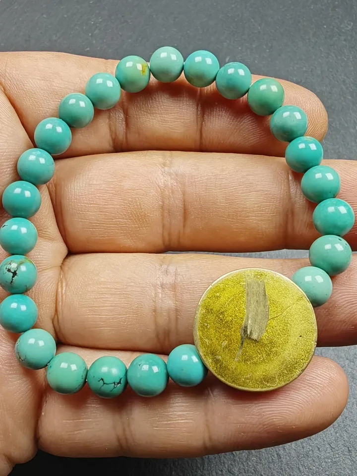 Gandhanra Authentic Original TURQUOISE Gemstones TIBETAN BRACELET - Old Beaded Wrist Mala Bracelet,7mm Beads, 19cm perimeter