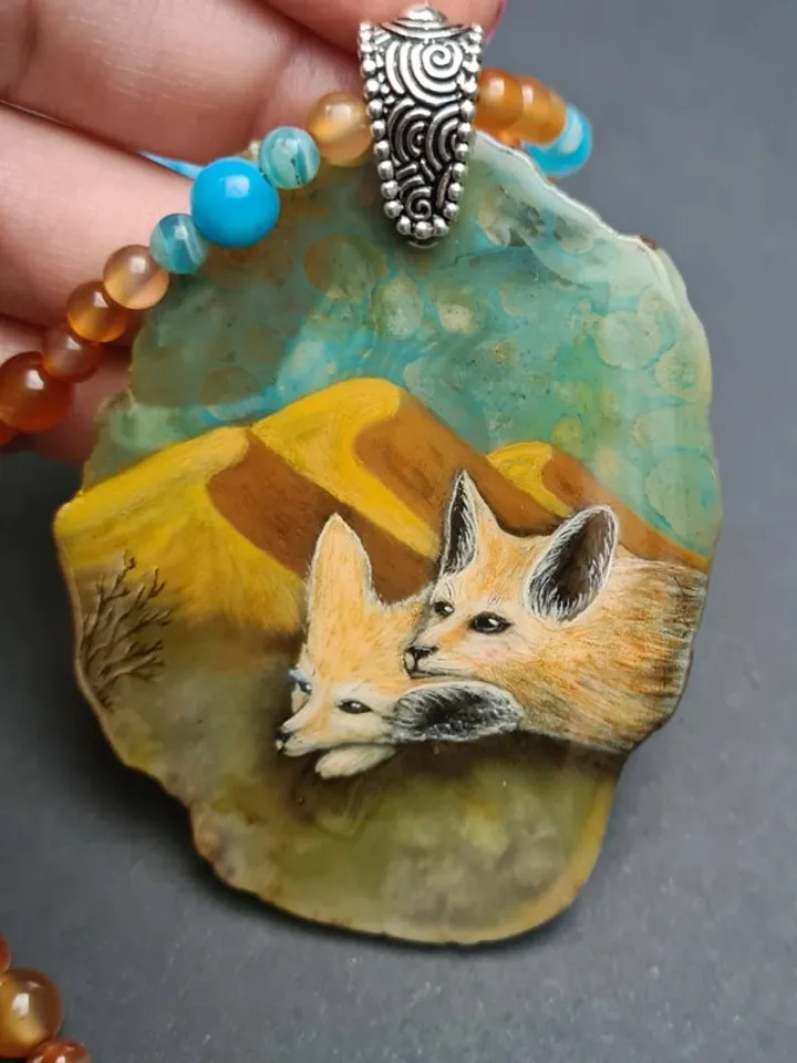 Desert fox fenech necklace with big ears Hand painted jewelry miniature painting