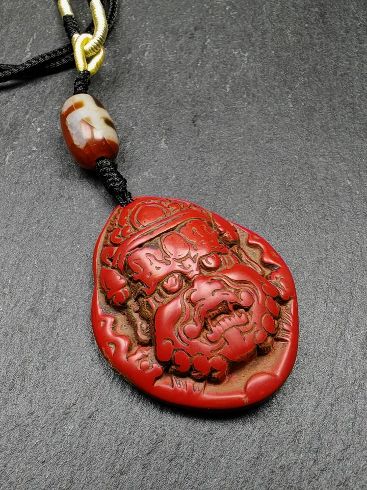 Authentic Old Cinnabar Mahakala Amulet with Dzi Bead, Gandhanra Tibetan Protective Charm,Spiritual Gift
