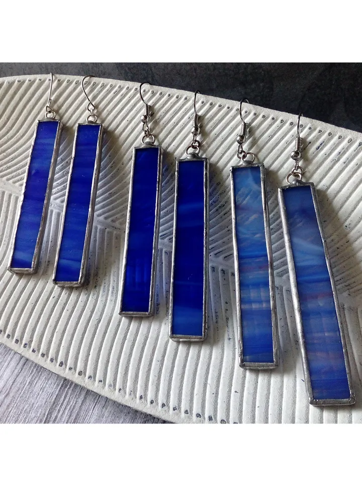 Glass blue geometric earrings, Simple Stained glass, rectangle earrings, Minimalist earrings, Dangle minimalism earrings