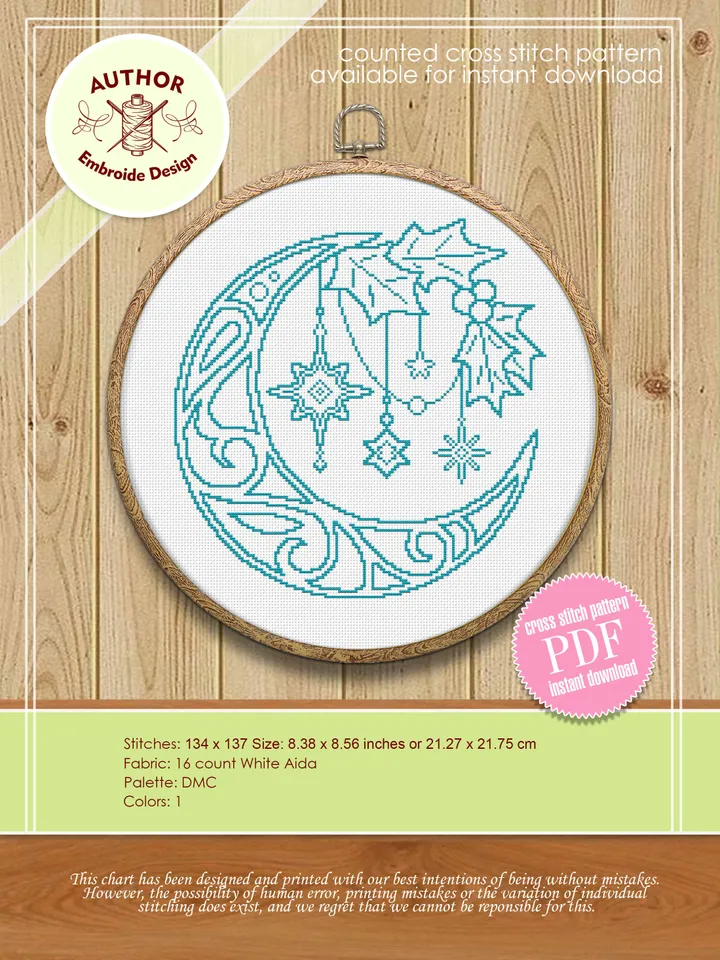 Crescent moon cross stitch pattern download PDF Christmas moon embroidery PDF, Monochrome mandala set cross stitch, Easy beginner stitch #S4