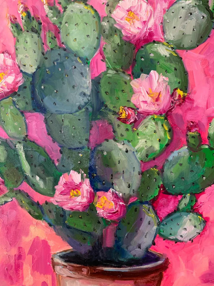 Cactus Painting with Pink Flowers – Original Oil Art on Canvas 16x24 inches