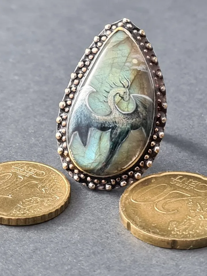 Dragon ring Labradorite ring Stone painting dragon Aaa large labradorite ring