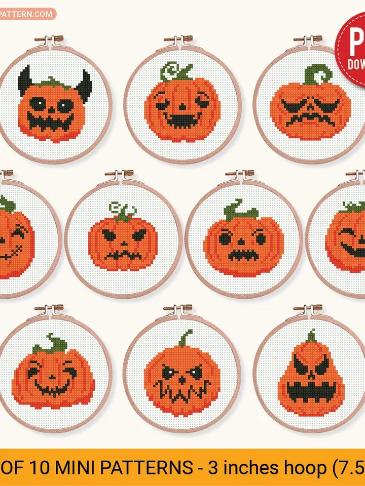 Bundle 10 mini pumpkin Cross stitch patterns, Halloween, Trick or Treat, beginner counted, modern chart, gift DIY, embroidery, instant PDF