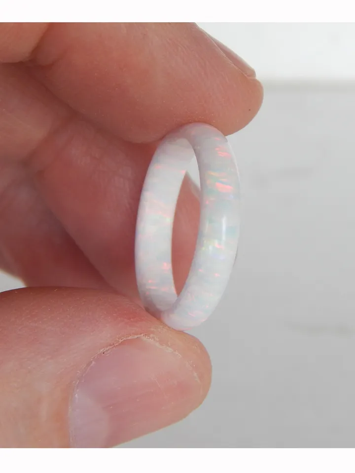 Snow ring. White opal wedding ring. Solid opal band. Synthetic opal ring.