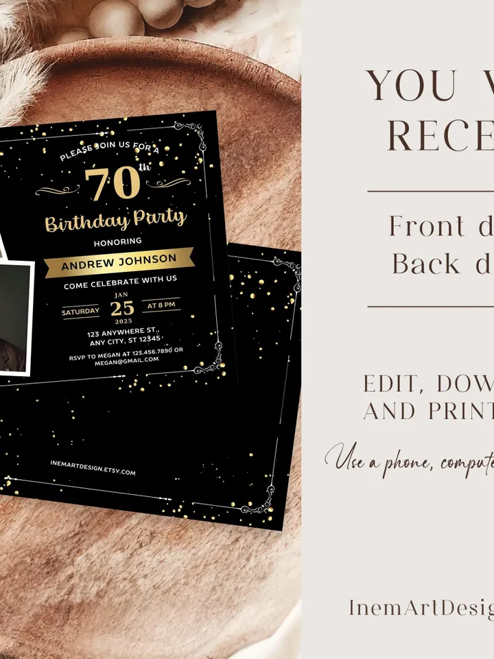 70th Birthday invitation with Photo | Adult Birthday Photo Invite | Mens birthday Black Gold landscape invitation card | Canva template
