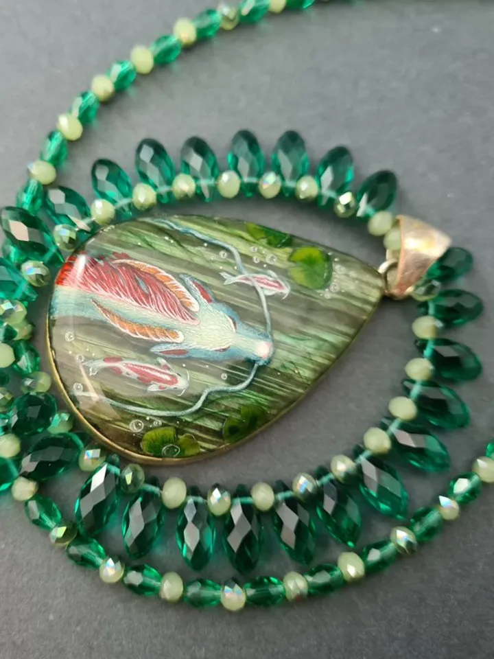 Dragon necklace with koi Miniature painting Labradorite pendant Witchy necklace