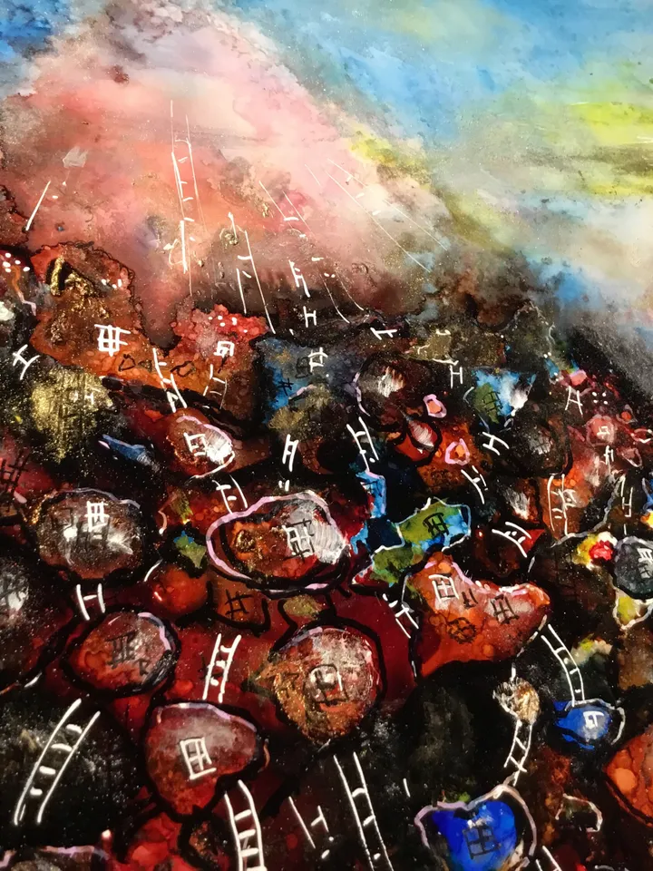 Red town fantasy unique artwork,original alcohol inks mix media painting on heavy yupo paper,fantasy wall art,home decoration.