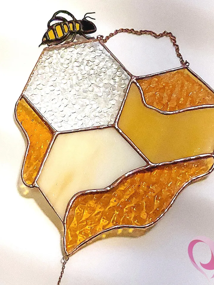 Real Stained Glass Honeycomb Suncatcher with Bee on Heart-Shaped Drippy Honeycomb with Glass Honey Drop Unique Gift for Bee Lover