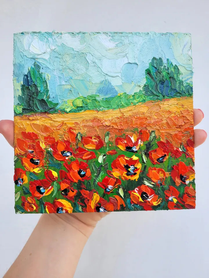 Poppy Field Painting Meadow Painting Original Impasto Oil Painting 6x6 Wildflower Landscape Painting Tuscany Painting Wall Decor Gift by ArtFromVictoria