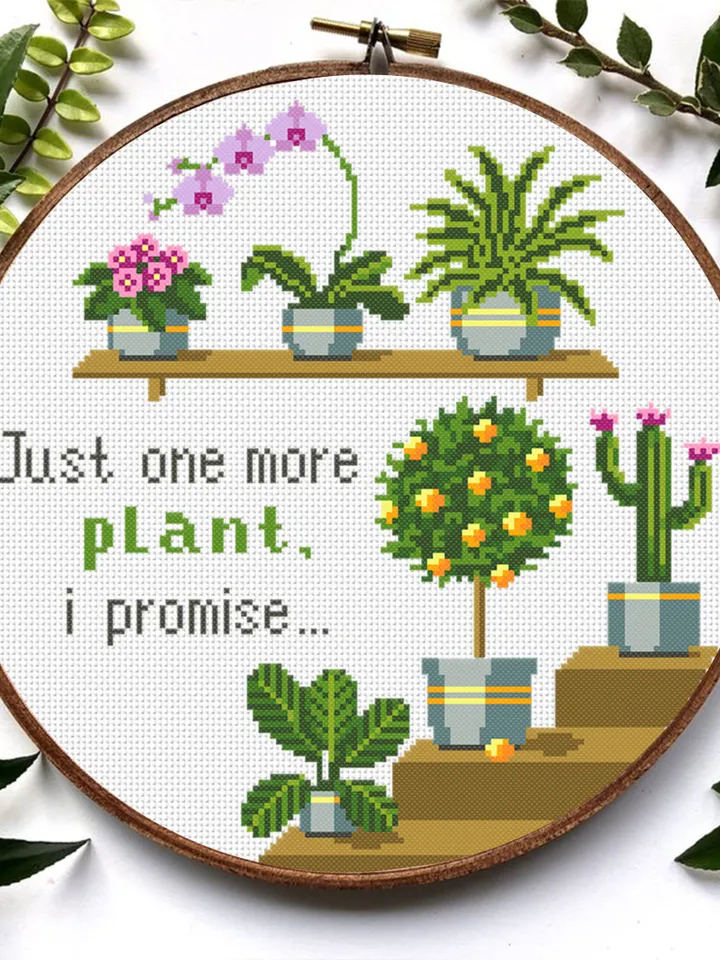 Potted plants cross stitch pattern download PDF, Just one more plant quote cross stitch, House plant hand embroidery PDF, Garden stitch #P30
