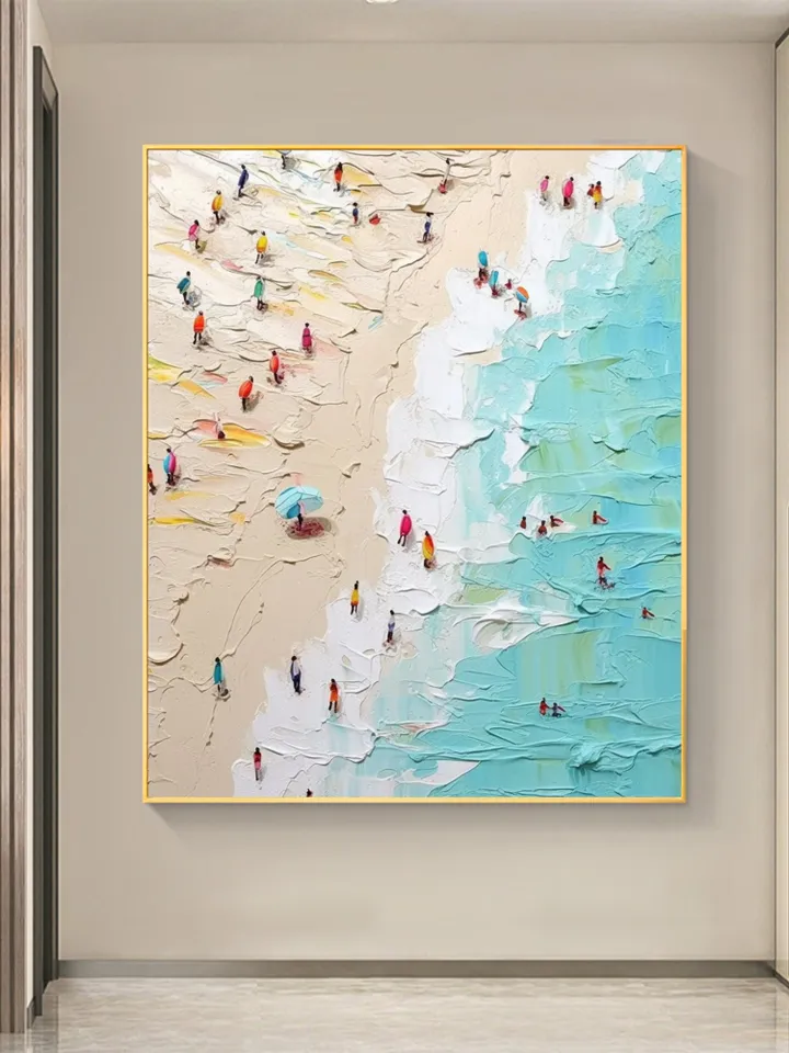 Original Beach Oil Painting On Canvas, Abstract Summer Seaside Painting, Waves and Golden Beach Painting, Living Room Wall Art, Home Decor