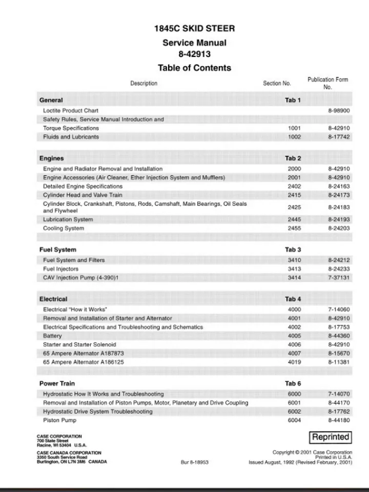 CASE 1845C SKID STEER MANUAL SERVICE PARTS SHOP REPAIR