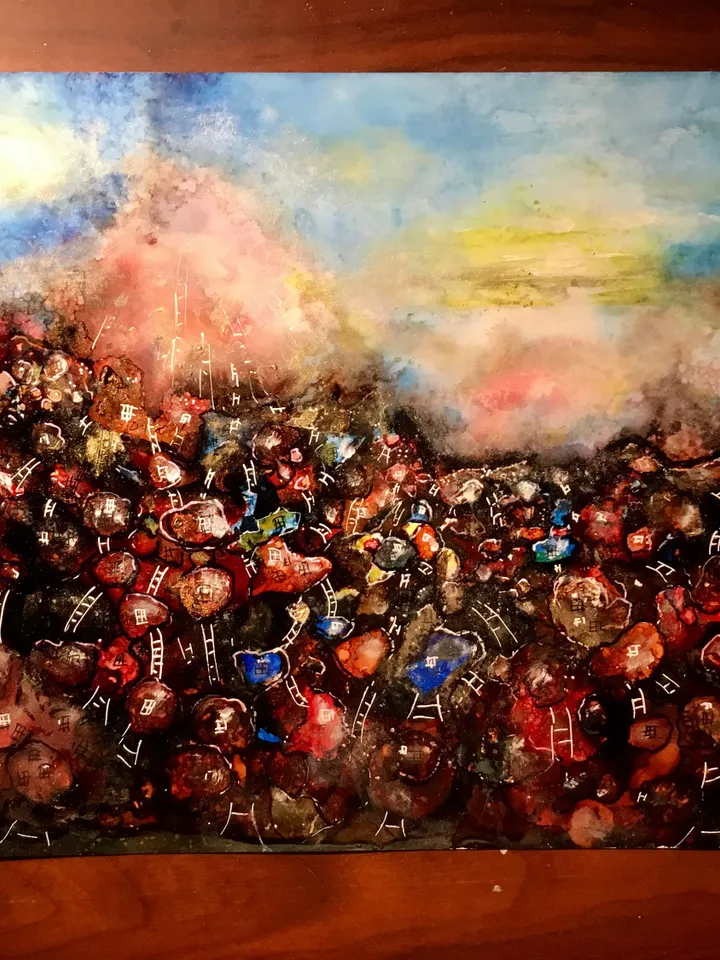 Red town fantasy unique artwork,original alcohol inks mix media painting on heavy yupo paper,fantasy wall art,home decoration.