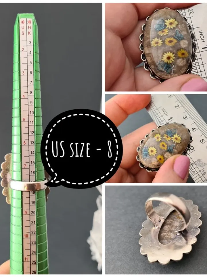 Daisies and blue moths ring Coral stone ring Stone painting