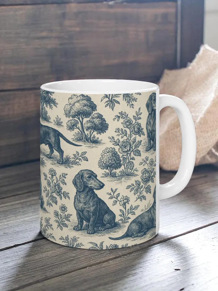 Dachshund French Toile de Jouy Ceramic Mug, Toile Coffee Cup for Doxie Mom, Sausage Dog Lover Gifts, Dog Tea Drinkware, Gift For Dog Lovers