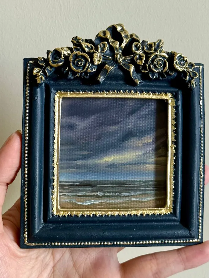 Small Landscape Oil Painting Framed Original Dark Clouds Antique Ocean Art Coastal Antique Frame Tiny Paintings 4 x 4 Art Victorian artwork