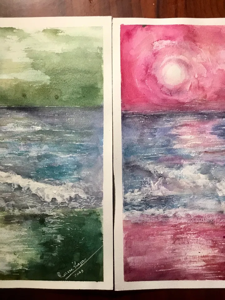 Green and pink sunset original watercolor painting,set of two fantasy wall decoration,landscapes,seascapes painting.