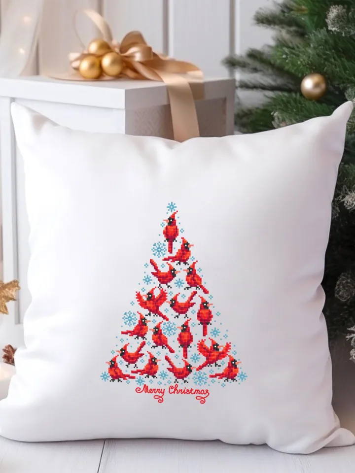 Christmas tree cardinal cross stitch pattern PDF download Red bird cross stitch chart, Christmas pattern digital, Cardinal embroidery #N163
