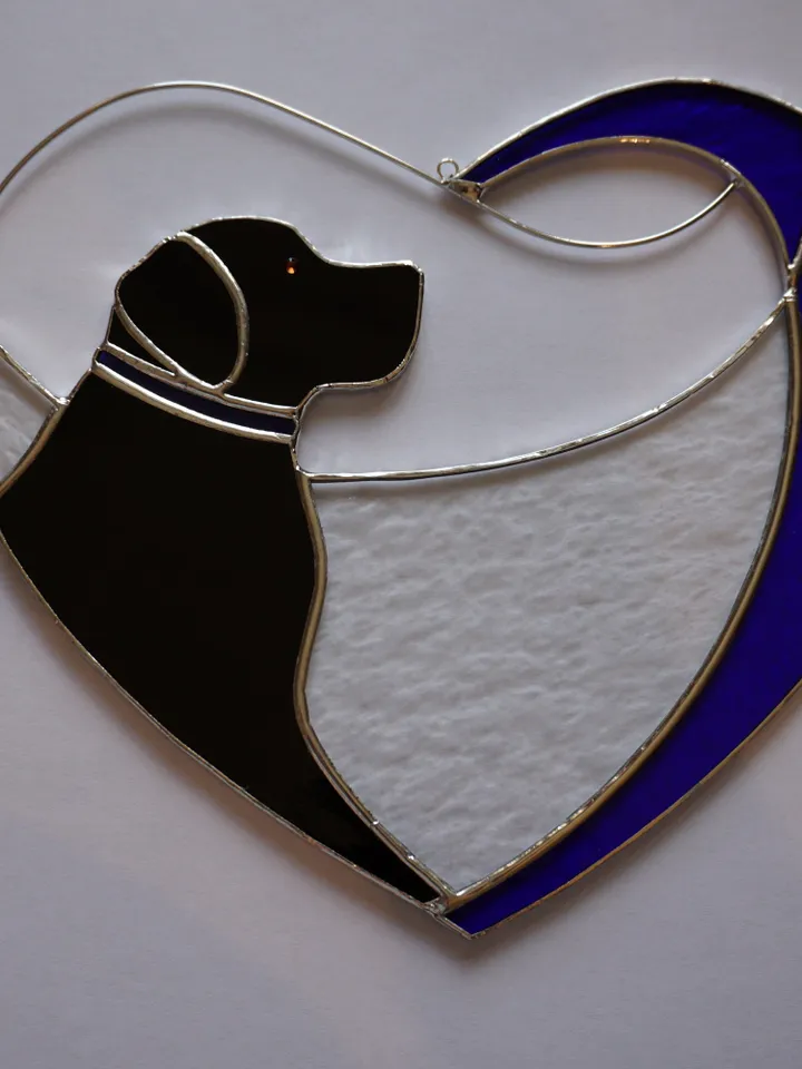 Dog Black Retriever Labrador in Blue Heart . Art Stained glass window hanging Suncatcher . Gift for animal lover , pet loss memorial