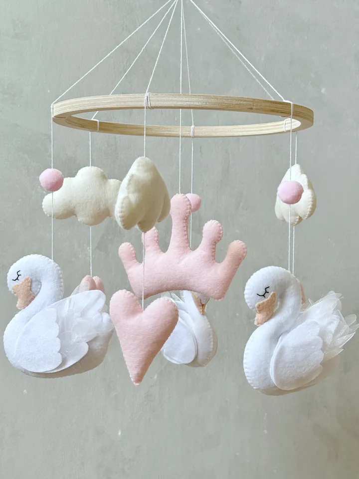 Swan mobile girl pink and white Princess crib mobile crown and hearts