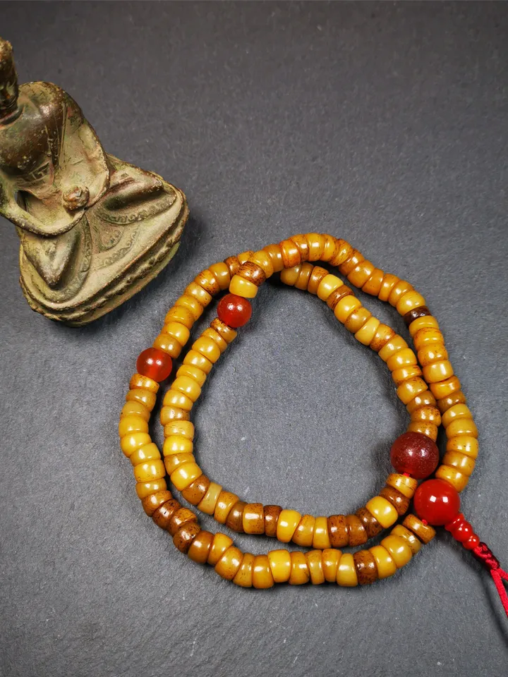 Gandhanra Old Tibetan 108 Yak Bone Mala,Bevel Cut Prayer Beads Necklace,Rosary Beads for Meditation,Diameter 0.32", Circumference 20"