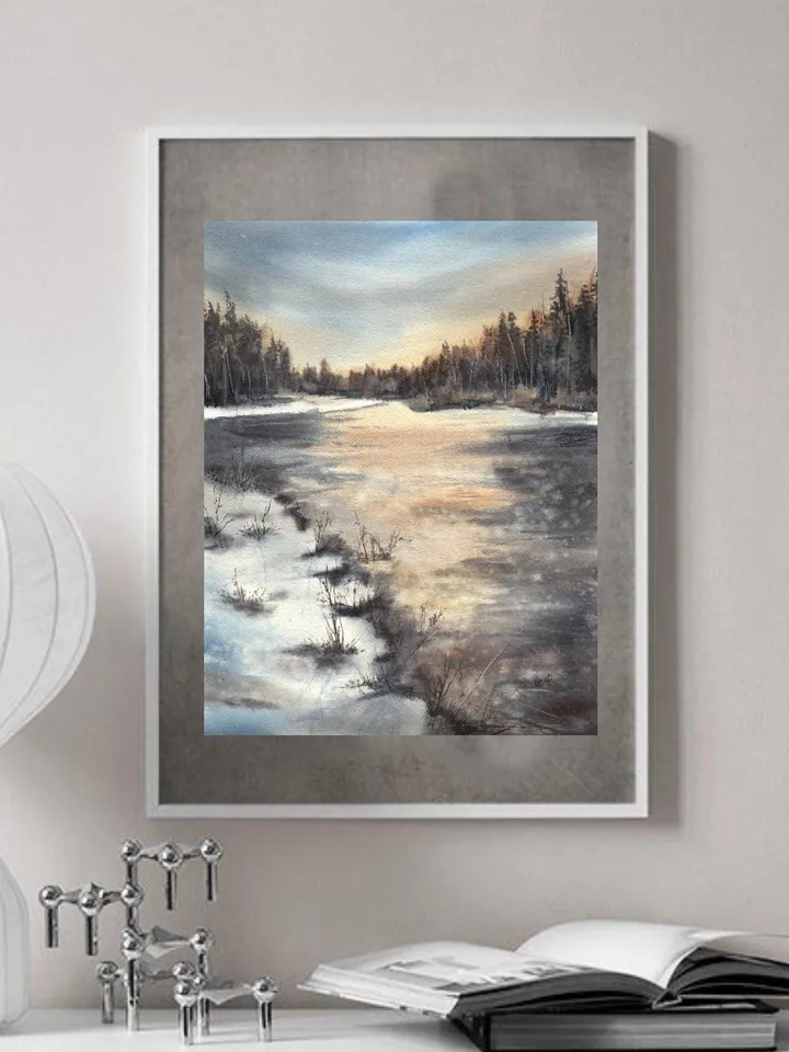 Landscape Original Painting Watercolor River Wall Art Winter Landscape