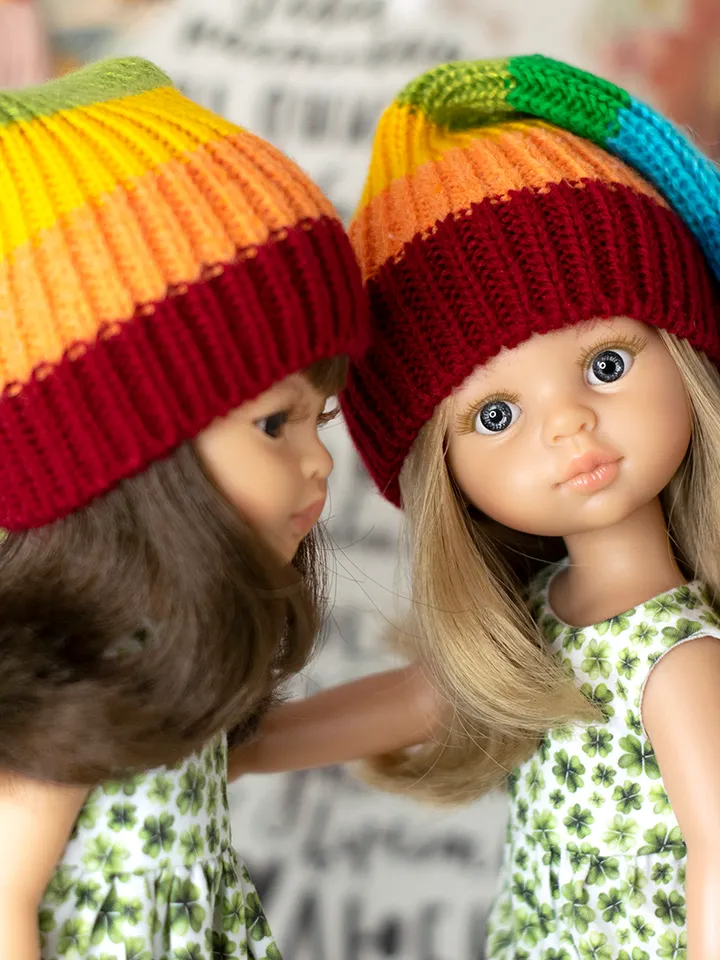 Striped rainbow elf hat for Paola Reina doll, Meadowdolls Dumplings, Little Darling, Siblies RRFF for St Patrick's Day