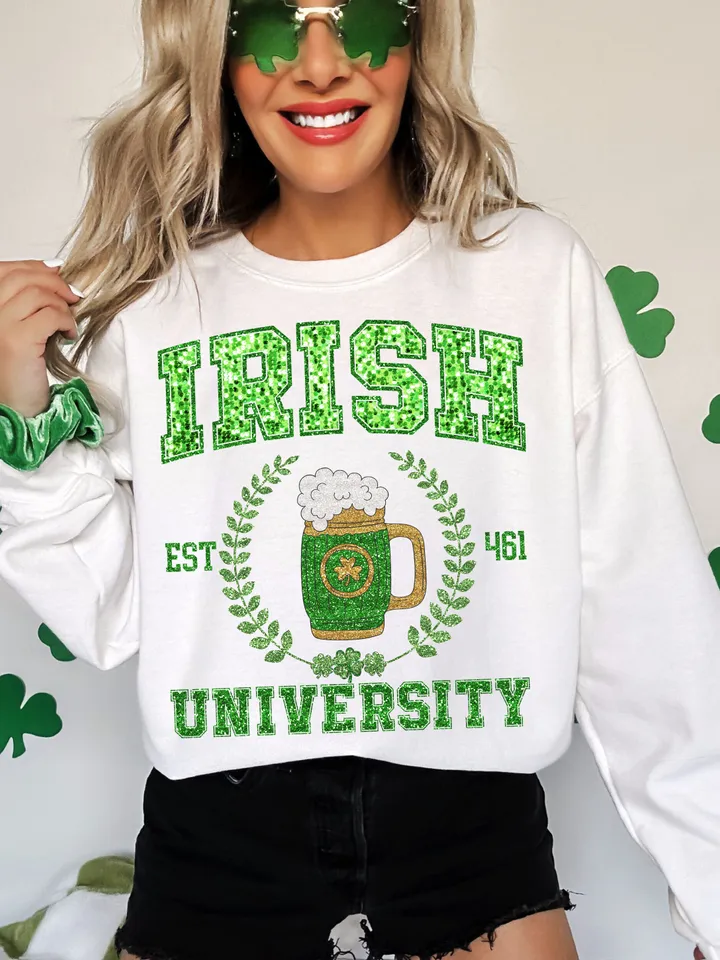 Faux Sequin Irish University Png, St Patty's Faux embroidery, Beer png, St Patricks Day Green Glitter Png, Shamrock png, trendy st patrick