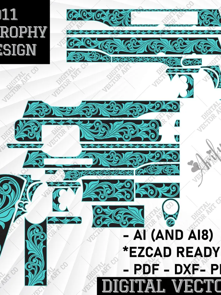 Colt 1911 Gold Cup Trophy Scroll Design.firearms,goldcup,colt1911,svg pattern,svg for fiber laser,ezcad,ai,laser cut,engraving,gun engraving