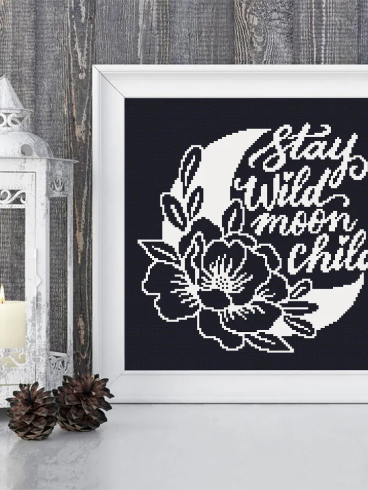 Floral moon cross stitch pattern PDF download Stay wild moon child cross stitch chart, Moon pattern digital PDF, Crescent moon decor #Q51