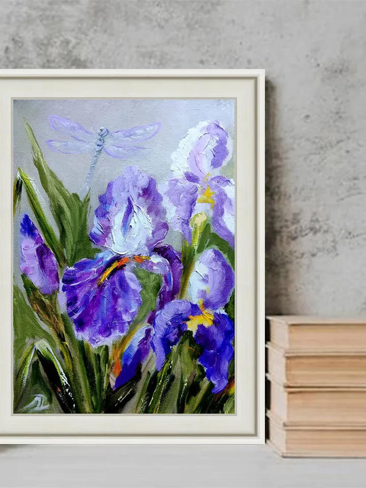 Irises Dragonfly Painting Original Art Impasto Oil Painting Canvas Painting