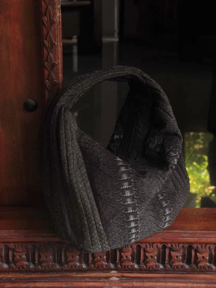 Medium Soft Hobo Classy Sport Woman Stitched Bag | Purse Genuine Python Skin | Dewi Brown Big Elegant Leather Designer Soft Bag Snake |