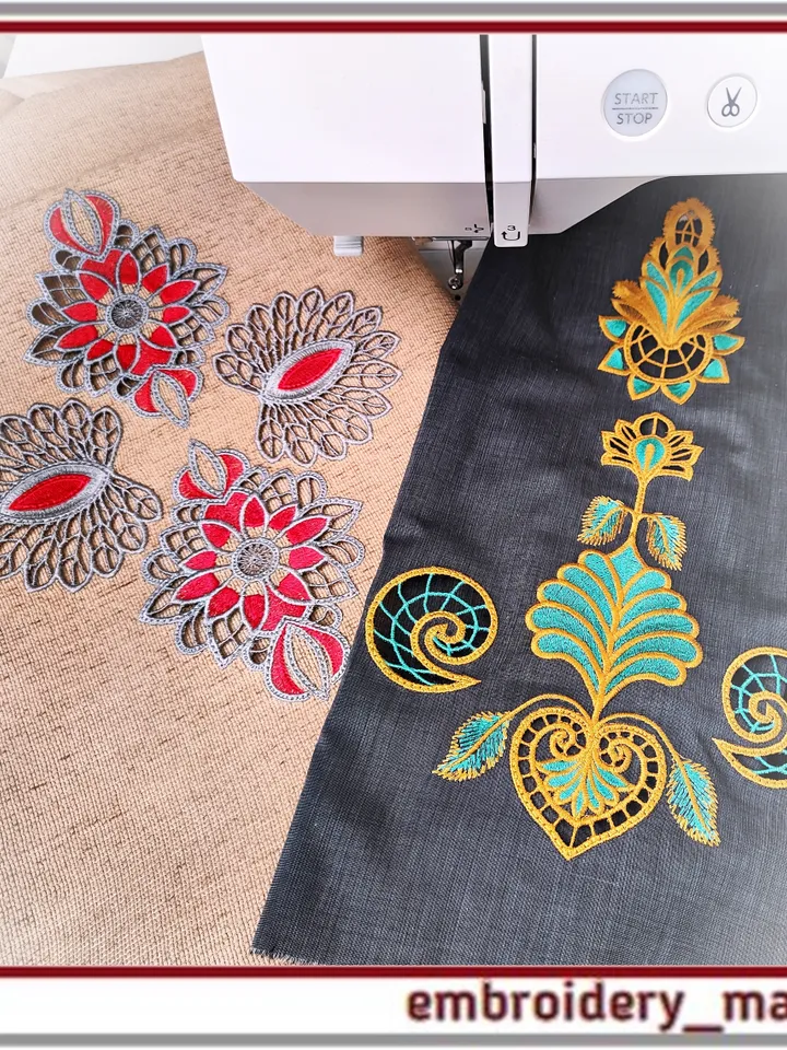 In the hoop Cutwork oriental style flowers, set of 6 elements Machine Embroidery Designs